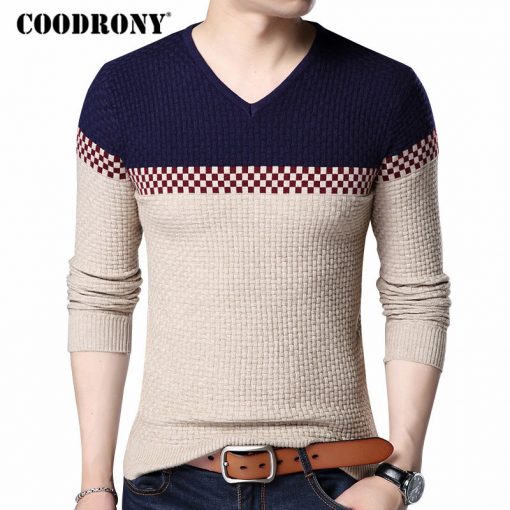 COODRONY 2018 Autumn Winter Warm Wool Sweaters Casual Hit Color  Patchwork V-neck Pullover Men Brand Slim Fit Cotton Sweater 155