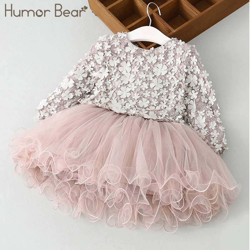 Humor Bear Long Sleeve Girl dress Princess Dress 2018 Spring Girl Dress Petals Design Baby Birthday Party Dress of 3-7Y