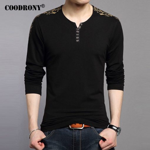 COODRONY T Shirts Men 2017 New Spring Autumn Long Sleeve T-Shirt Men 100% Cotton Henry Collar Tshirt Men Fashion Print Tops 7603 2