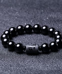 DIEZI Yoga Jewelry 10MM Natural Black Obsidian Carved Buddha Lucky Amulet Round Beads Strand Bracelet For Women Men Jewelry 1