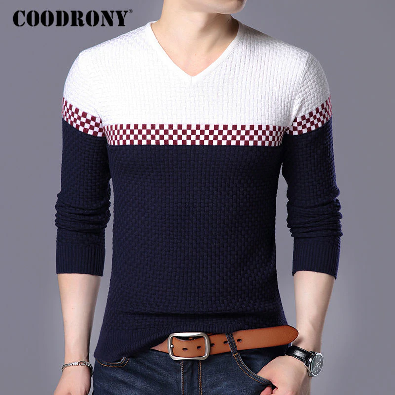 COODRONY 2018 Autumn Winter Warm Wool Sweaters Casual Hit Color  Patchwork V-neck Pullover Men Brand Slim Fit Cotton Sweater 155 2