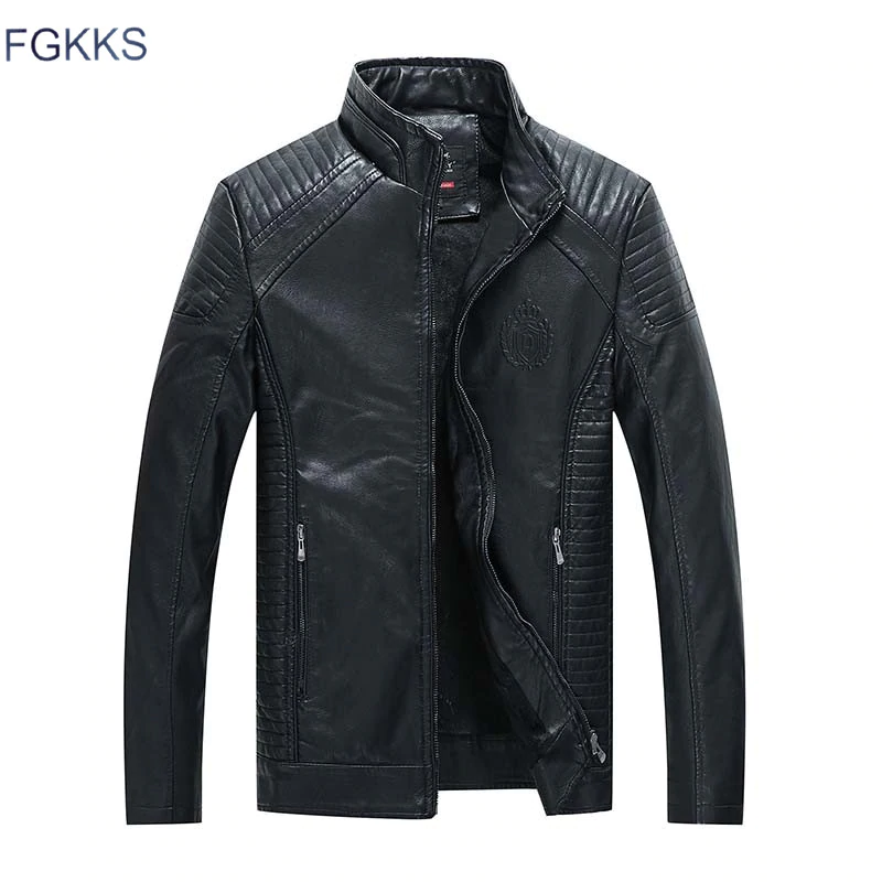 FGKKS 2018 Men Brand PU Leather Jacket Coat Mens Faux Fur Trend Slim Fit Youth Motorcycle Jackets for Male Warm Coats