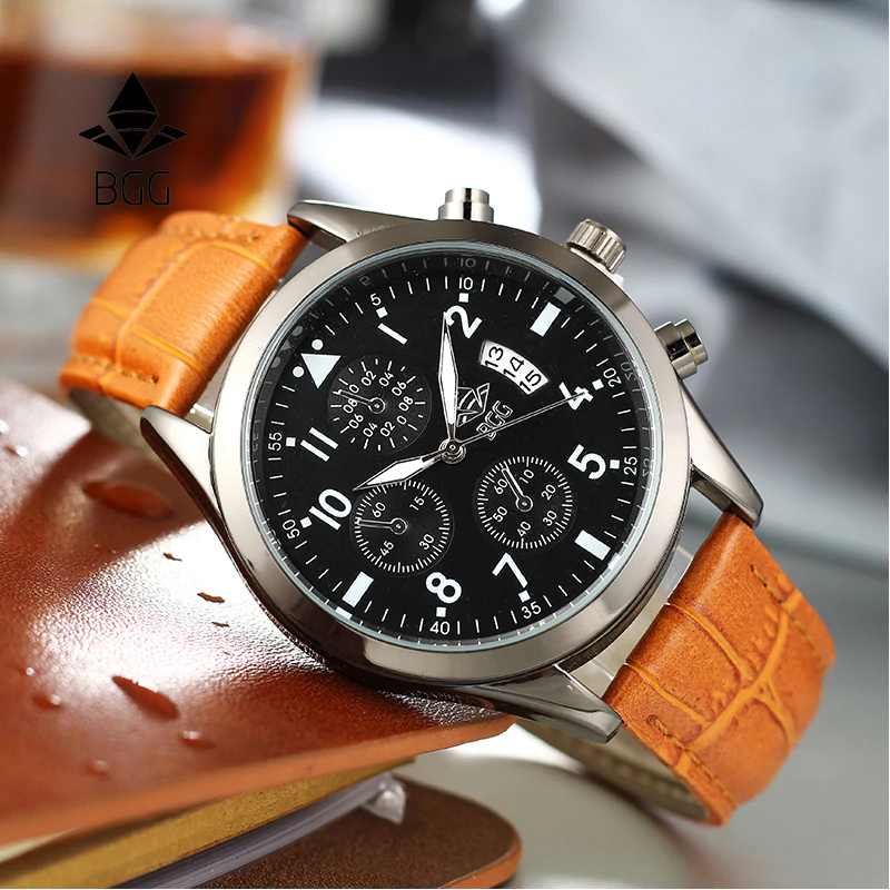 BGG Luxury Top Brand Fashion Casual Leather Quartz Wristwatch Analog Sport Watch Men Military Clock Man Relogio Masculino