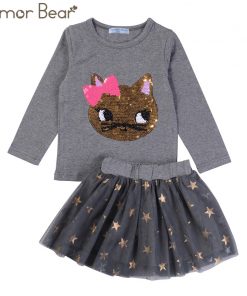 Humor Bear NEW Autumn Baby Girl Clothes Girls Clothing Sets Cartoon Sequins Cat Long Sleeve+Stars Skirt Casual 2PCS Girls Suits