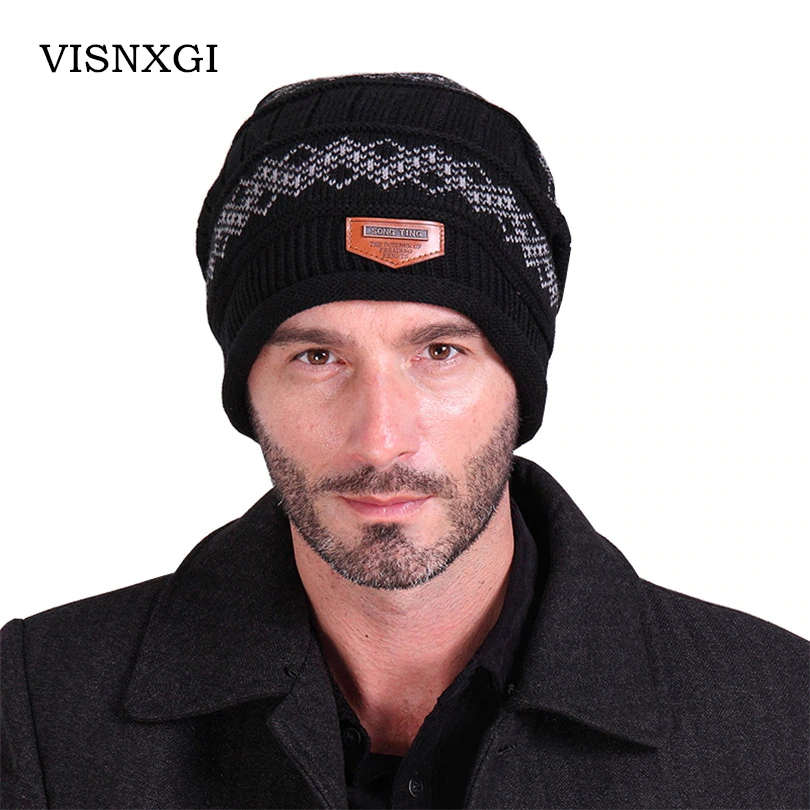 Men Skullies Casual Solid Headgear Winter Label Knitted Cap Male Wool Hat Label Cashmere Brand Keep Beanies Earmuffs Gorros M068