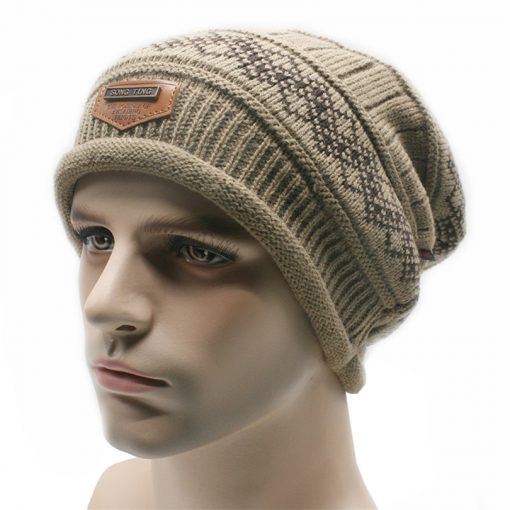 Men Skullies Casual Solid Headgear Winter Label Knitted Cap Male Wool Hat Label Cashmere Brand Keep Beanies Earmuffs Gorros M068 3