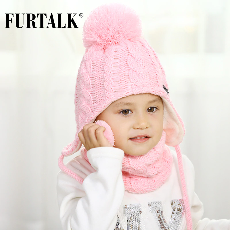 FURTALK Children Winter Pompom Hat Scarf Set for Girls Boys Kids Knitted Hat Real Fox Fur Pompom Ears Hats Baby Hat 3
