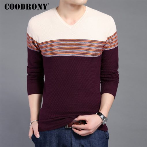 COODRONY 2018 New Arrival Hit Color Striped Patchwork Pullover Men V-Neck Pull Homme Casual Knitted Cotton Wool Sweater Top 6646 2