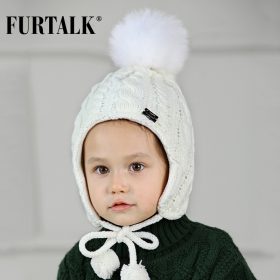 FURTALK Children Winter Pompom Hat Scarf Set for Girls Boys Kids Knitted Hat Real Fox Fur Pompom Ears Hats Baby Hat 1