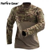 ReFire Gear Tactical Army Combat Shirt Men Long Sleeve Camouflage Military T Shirt Rip-Stop Multicam Paintball Uniform Clothing