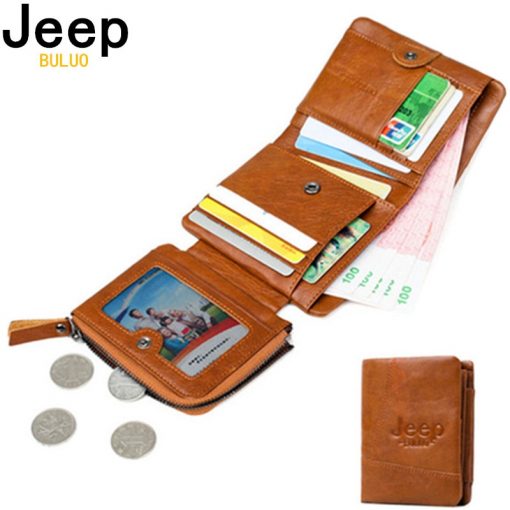 JEEP BULUO Women Men Wallets Natural Genuine Cow Leather Short Bifold Purse RFID Blocking Tri-Folds Card Wallet For Man Ladies