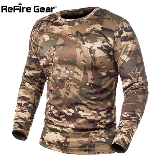 ReFire Gear Spring Long Sleeve Tactical Camouflage T-shirt Men Soldiers Combat Military T Shirt Quick Dry O Neck Camo Army Shirt 1