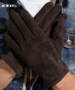 Gours 2018 New Winter Long Genuine Leather Gloves Men Suede Black Warm Touch Screen Gloves Brand Goatskin Mittens Luvas GSM023