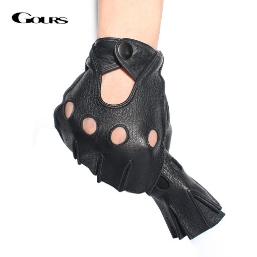 Gours Winter Mens Genuine Leather Fingerless Gloves Black Half Finger gym Workout Fitness Driving Male Gloves GSM046