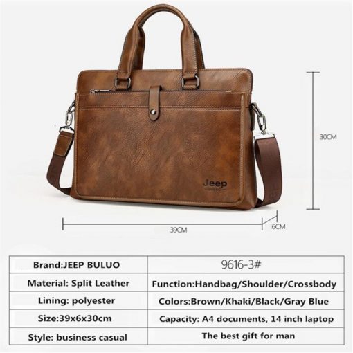 JEEP BULUO Simple Famous Brand Business Men Briefcase Bag Luxury Leather 14 inches Laptop Bag Man Shoulder Bag bolsa maleta 9616 2