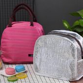 Women Fashion Stripe Lunch Bags Aluminum Thicken Portable picnic Food Fresh Keep Insulated Cooler Oxford Thermal Storage Cases 4