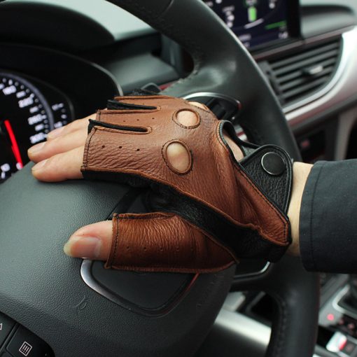 Gours Spring Men's Genuine Leather Gloves Driving Unlined 100% Deerskin Half Fingerless Gloves Fingerless Fitness Gloves GSM046L 1