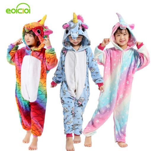 Boys Girls New Flannel Animal Pegasus Unicorn Cosplay Pijamas Onesies Winter Kids Pajamas Stitch Hooded Children Sleepwear