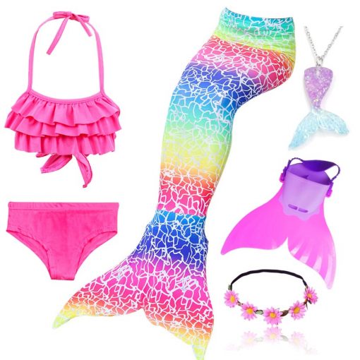 4pcs/Set Rainbow Children Mermaid Tail with Diamonds with Monofin for Girls Kids Costume Swimming Swimmable Mermaid Tail Costume 2