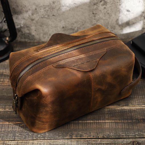 Contact's Crazy Horse Leather Cosmetic Bag for Men Makeup Case Vintage Travel Wash Pouch Large Capacity Toiletry Bags Storage 4
