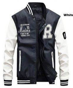 Men Baseball Jacket Embroidered Leather Pu Coats Slim Fit College Fleece Luxury Pilot Jackets Men's Stand Collar Top Jacket Coat 7