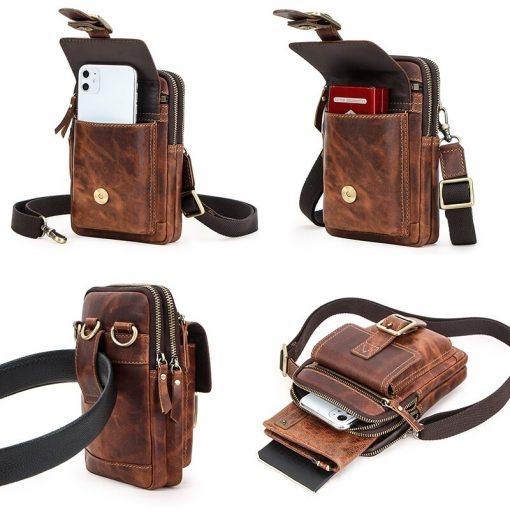 Contact's Vintage Man Shoulder Bag Crazy Horse Leather Flaps Men Crossbody Bags with Phone Pocket Travel Waist Pack Male Quality 5