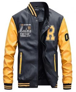 Men Baseball Jacket Embroidered Leather Pu Coats Slim Fit College Fleece Luxury Pilot Jackets Men's Stand Collar Top Jacket Coat 10