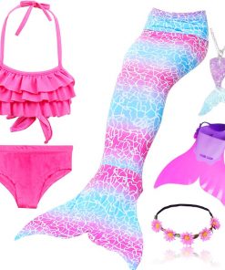4pcs/Set Rainbow Children Mermaid Tail with Diamonds with Monofin for Girls Kids Costume Swimming Swimmable Mermaid Tail Costume 14