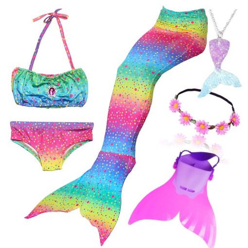 4pcs/Set Rainbow Children Mermaid Tail with Diamonds with Monofin for Girls Kids Costume Swimming Swimmable Mermaid Tail Costume 3