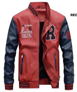 Men Baseball Jacket Embroidered Leather Pu Coats Slim Fit College Fleece Luxury Pilot Jackets Men's Stand Collar Top Jacket Coat 8