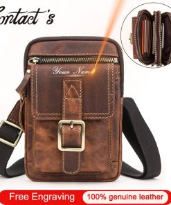 Contact's Vintage Man Shoulder Bag Crazy Horse Leather Flaps Men Crossbody Bags with Phone Pocket Travel Waist Pack Male Quality 1