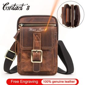Contact's Vintage Man Shoulder Bag Crazy Horse Leather Flaps Men Crossbody Bags with Phone Pocket Travel Waist Pack Male Quality 1