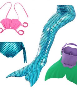 4 PCS Swimmale Children Little Mermaid Tail Costume with Monofin Baby Girls kid Mermaid Tails for Swimming Bathing Bikini 21