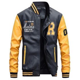 Men Baseball Jacket Embroidered Leather Pu Coats Slim Fit College Fleece Luxury Pilot Jackets Men's Stand Collar Top Jacket Coat 1