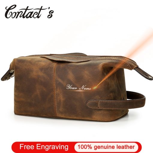 Contact's Crazy Horse Leather Cosmetic Bag for Men Makeup Case Vintage Travel Wash Pouch Large Capacity Toiletry Bags Storage 1