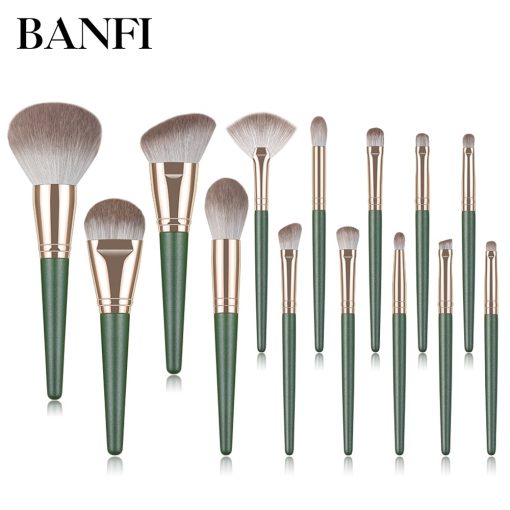 BANFI 14pcs Makeup Brushes Set Eyeshadow Powder Green Matte Wood Handle Concealer Cosmetic Eyebrow Beauty Tool 1
