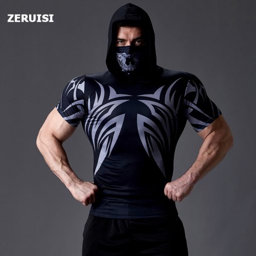 Men's Skull Mask Compression shirts Hoodie Sweatshirt Hooded Tops Streetwear New Fashion Fitness Jogging Bodybuilding Tops 3