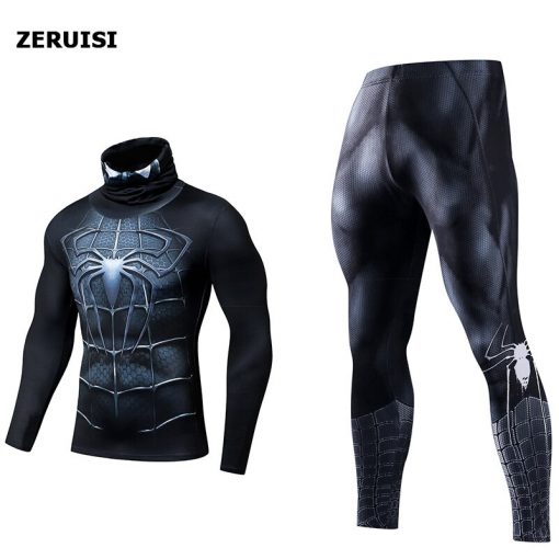 NEW Sports Suit 3D Printed High Collar Lapel Thermal Clothes Compression Set Mens Tracksuits Fitness Rashguard Superhero Suits 4