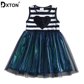 DXTON Sleeveless Girls Dresses Summer Kids Tutu Dress Stripe Casual Children Dress Heart Sequined Birthday Party Girls Costume 2