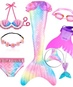 Kids Swimmable Mermaid Tail for Girls Swimming Bating Suit Mermaid Costume Swimsuit can add Monofin Fin Goggle with Garland 32