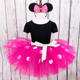 MUABABY Girl Mickey Minnie Dress UP Clothing Children Summer Princess Birthday Party Outfit with Headband Girl Bow Dots Dresses 4