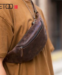 AETOO Original handmade retro first layer crazy horse cowhide zipper leather multifunctional fashion mobile phone waist bag ches 9