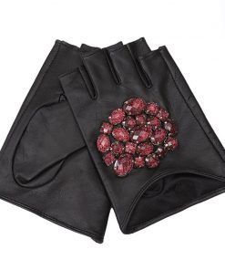 Gours Fall and Winter Women's Genuine Leather Gloves Black Goatskin Stone Half-finger Gloves New Fashion Warm Mitten GSL011 2