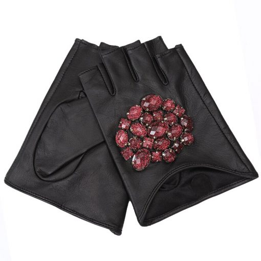 Gours Fall and Winter Women's Genuine Leather Gloves Black Goatskin Stone Half-finger Gloves New Fashion Warm Mitten GSL011 2