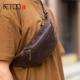 AETOO Original handmade retro first layer crazy horse cowhide zipper leather multifunctional fashion mobile phone waist bag ches 1