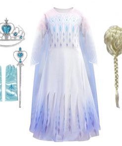 Elsa Princess Snow Queen White Girls Dress Child Christmas Cosplay Halloween Costume Elsa Wig Gowns Dress Up Kids Clothing 10