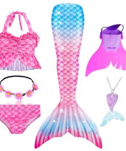 Kids Swimmable Mermaid Tail for Girls Swimming Bating Suit Mermaid Costume Swimsuit can add Monofin Fin Goggle with Garland 22