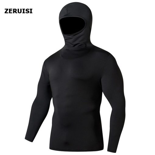 Solid color hooded motorcycle Jersey tight compression Quick drying men's shirt sports Cycling Male Tshirt Pullover Hoodies Tops 2