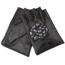 Gours Fall and Winter Women's Genuine Leather Gloves Black Goatskin Stone Half-finger Gloves New Fashion Warm Mitten GSL011 3