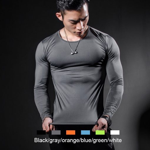 Hot Sale Solid color Fashion Fitness Compression Shirt Men Bodybuilding Tops Tees Tight Tshirts Long Sleeves Clothes 6
